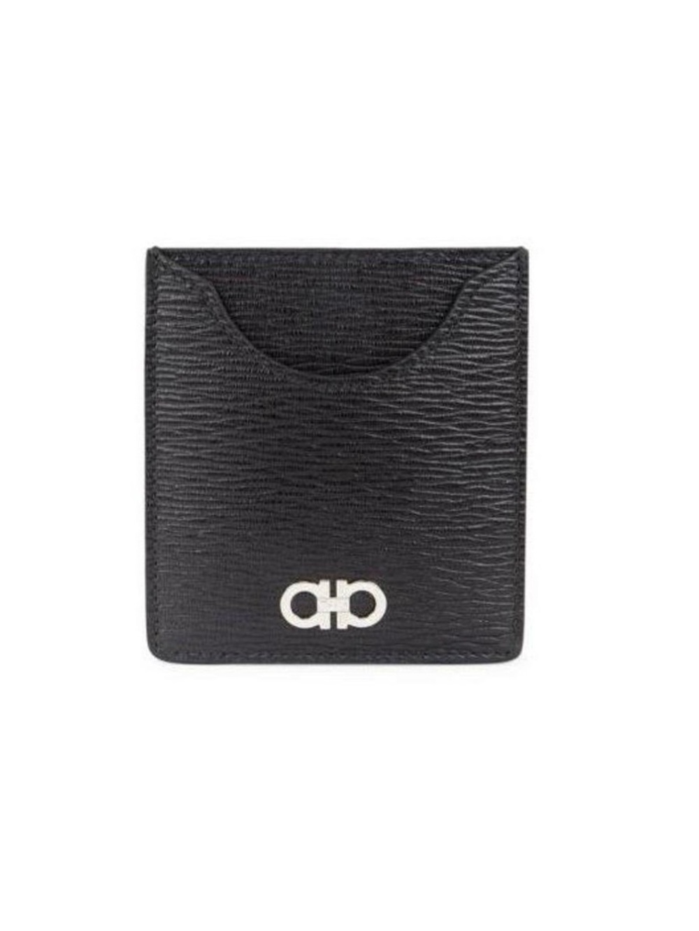 Salvatore Ferragamo Black Textured Leather Card Holder with Silver Gancini